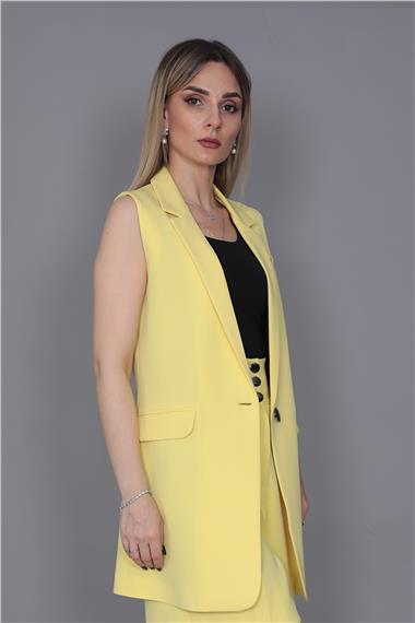 Erkek Yaka Tek Düğmeli Uzun Yelek-Sarı