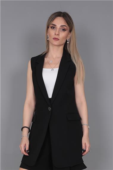 Erkek Yaka Tek Düğmeli Uzun Yelek-Siyah