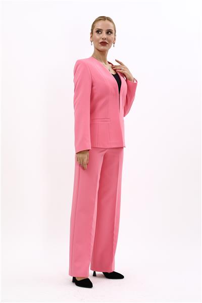 V Yaka Boydan Kuplu Kılasik Ceket & Bol Paça Pantolon-Pembe