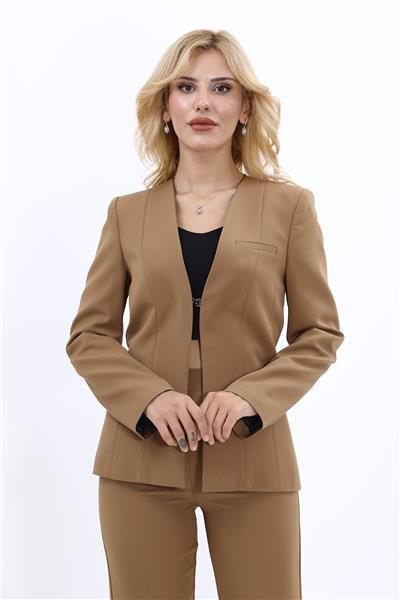 V Yaka Boydan Kuplu Kılasik Ceket-Camel