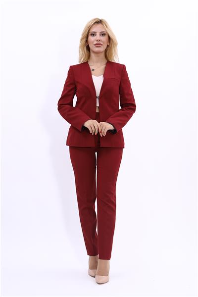 V Yaka Boydan Kuplu Kılasik Ceket & Dar Paça Pantolon-Bordo