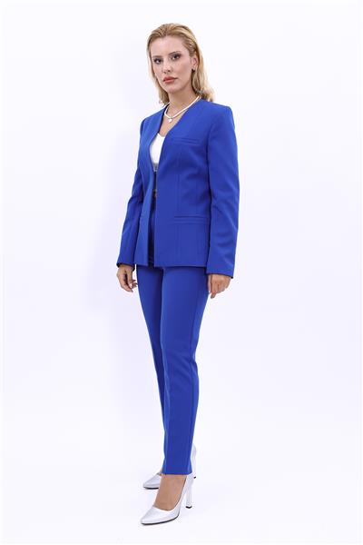 V Yaka Boydan Kuplu Kılasik Ceket & Dar Paça Pantolon-Saks