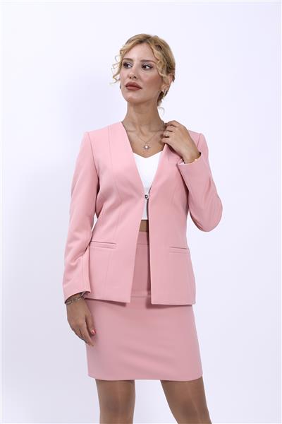 V Yaka Boydan Kuplu Kılasik Ceket-Pudra