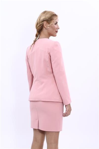 V Yaka Boydan Kuplu Kılasik Ceket-Pudra