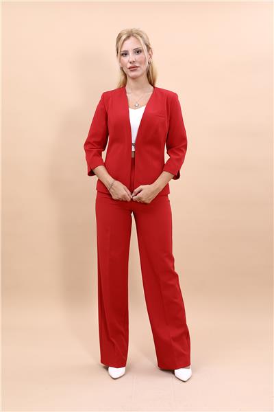 V Yaka Boydan Kuplu Kısa Ceket & Bol Paça Pantolon-Kırmızı