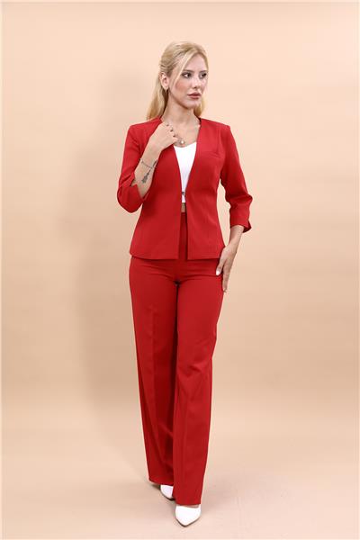 V Yaka Boydan Kuplu Kısa Ceket & Bol Paça Pantolon-Kırmızı