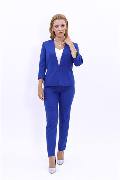 V Yaka Boydan Kuplu Kısa Ceket &  Dar Paça Pantolon-Saks