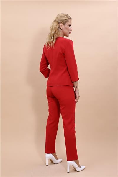 V Yaka Boydan Kuplu Kısa Ceket &  Dar Paça Pantolon-Kırmızı