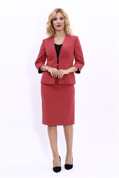 V Yaka Boydan Kuplu Kısa Ceket &  Düz Dar Etek-Kiremit