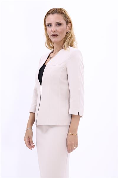 V Yaka Boydan Kuplu Kısa Ceket-Bej