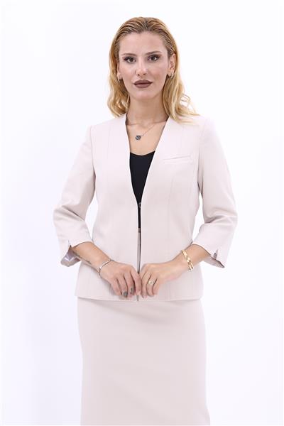 V Yaka Boydan Kuplu Kısa Ceket-Bej