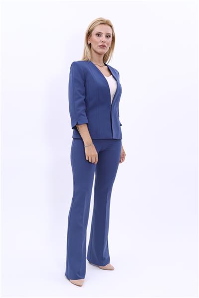 V Yaka Boydan Kuplu Kısa Ceket &  İspanyol Paça Pantolon-İndigo