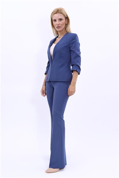 V Yaka Boydan Kuplu Kısa Ceket &  İspanyol Paça Pantolon-İndigo