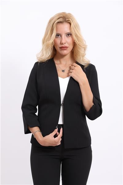 V Yaka Boydan Kuplu Kısa Ceket &  İspanyol Paça Pantolon-Siyah