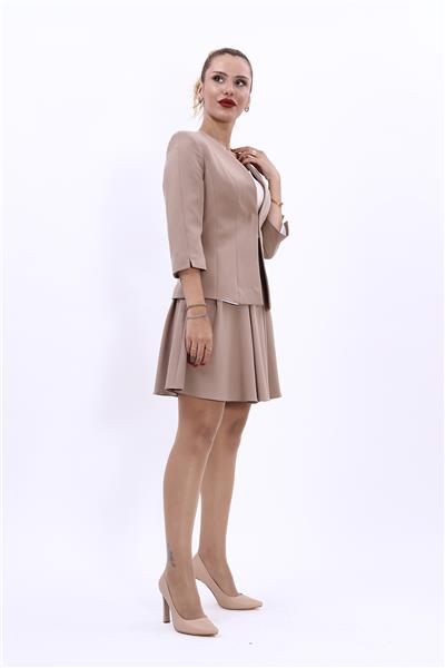 V Yaka Boydan Kuplu Kısa Ceket & Kısa Kloş Etek-Taş