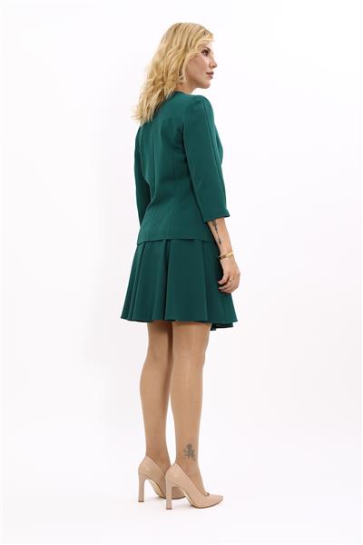 V Yaka Boydan Kuplu Kısa Ceket & Kısa Kloş Etek-Zümrüt