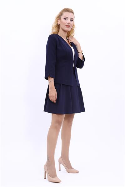 V Yaka Boydan Kuplu Kısa Ceket & Kısa Kloş Etek-Lacivert