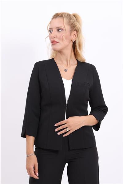 V Yaka Boydan Kuplu Kısa Ceket-Siyah