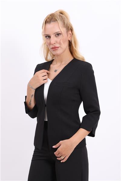 V Yaka Boydan Kuplu Kısa Ceket-Siyah