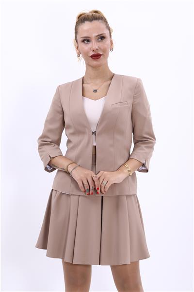 V Yaka Boydan Kuplu Kısa Ceket-Taş