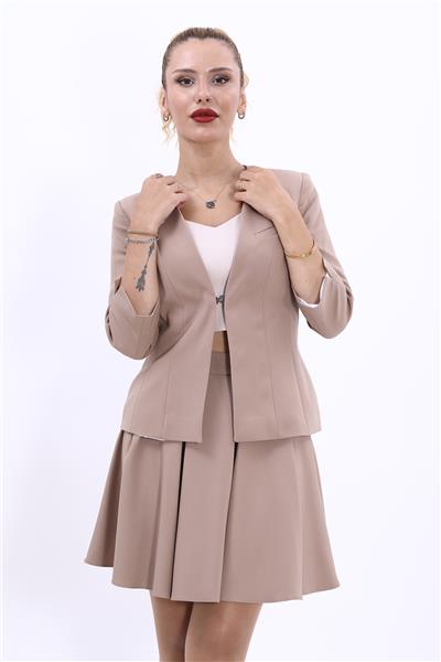 V Yaka Boydan Kuplu Kısa Ceket-Taş