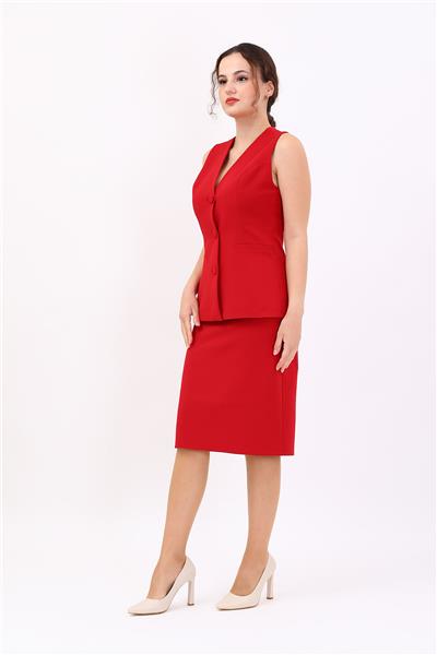 V Yaka Düğmeli Klasik Yelek & Kısa Kalem Etek-Kırmızı