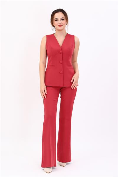 V Yaka Düğmeli Klasik Yelek & Lastikli İspanyol paça Pantolon Kadın Takım Elbise-Kiremit