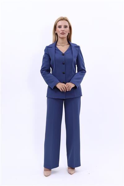 V Yaka Düğmeli Modern Ceket & Bol Paça Pantolon Kadın Takım Elbise-İndigo