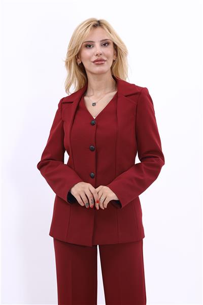 V Yaka Düğmeli Modern Kadın Ceket-Bordo
