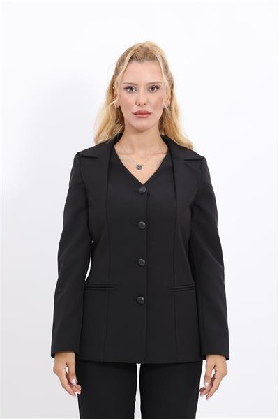 V Yaka Düğmeli Modern Kadın Ceket-Siyah