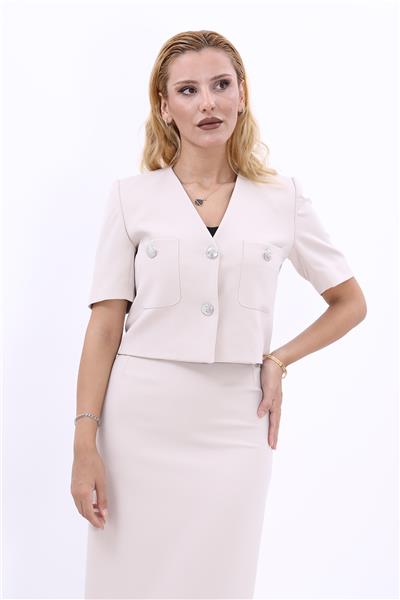 V Yaka  Kısa Ceket-Bej