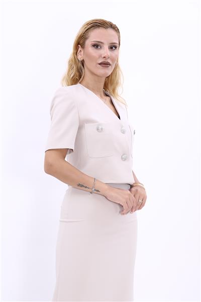 V Yaka  Kısa Ceket-Bej