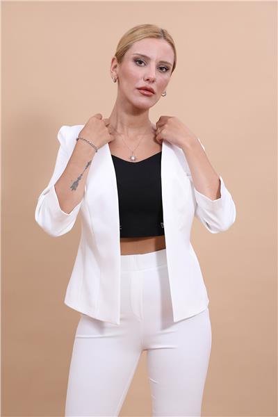 V Yaka Kısa Ceket-Beyaz