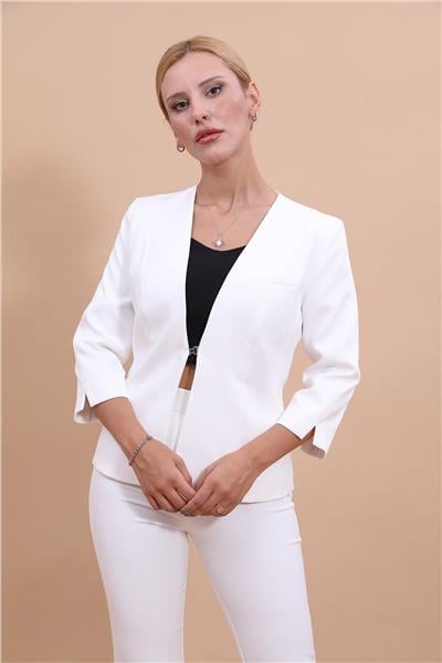 V Yaka Kısa Ceket-Beyaz