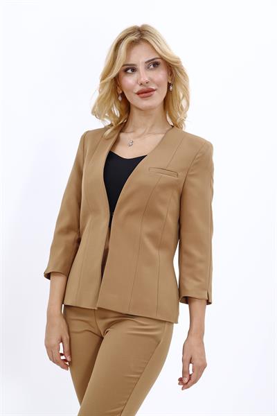 V Yaka Kısa Ceket-Camel