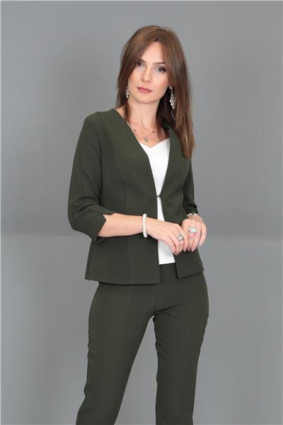 V Yaka Kısa Ceket-Haki