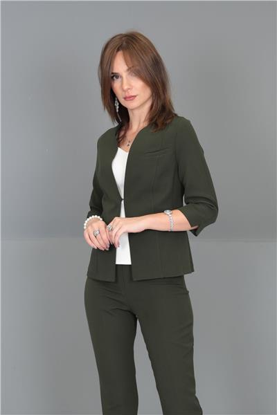 V Yaka Kısa Ceket-Haki
