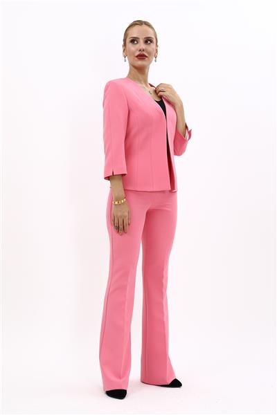 V Yaka Kısa Ceket & İspanyol  Paça Pantolon Takım-Pembe