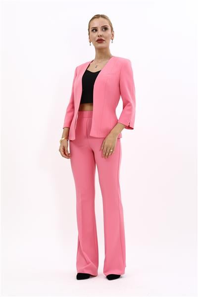V Yaka Kısa Ceket & İspanyol  Paça Pantolon Takım-Pembe