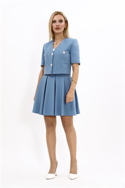 V Yaka  Kısa Ceket & Kısa Kloş Etek-Deniz