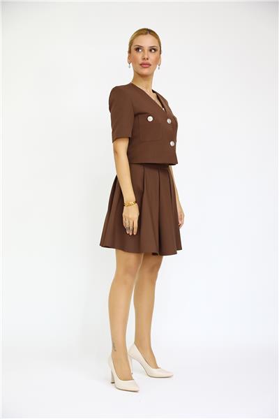 V Yaka  Kısa Ceket & Kısa Kloş Etek-Kestane