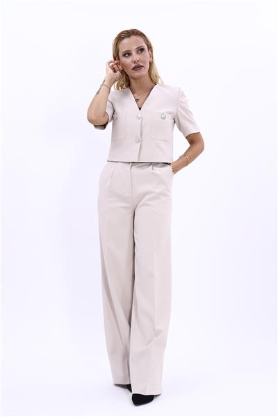 V Yaka  Kısa Ceket &  Korsaj Kemer Palazzo Pantolon-Bej