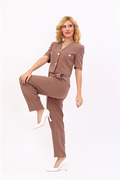 V Yaka  Kısa Ceket &  Paçası Pileli Pantolon-Kahve