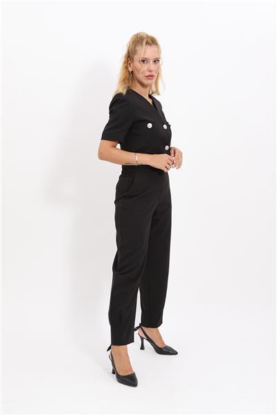 V Yaka  Kısa Ceket &  Paçası Pileli Pantolon-Siyah