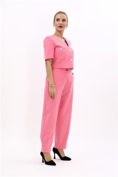V Yaka  Kısa Ceket &  Paçası Pileli Pantolon-Pembe