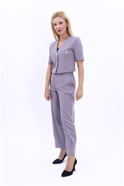 V Yaka  Kısa Ceket &  Paçası Pileli Pantolon-Antrasit