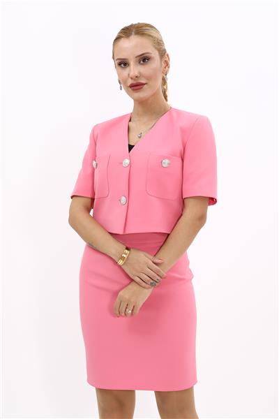 V Yaka  Kısa Ceket-Pembe