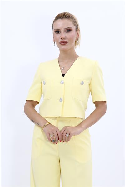 V Yaka  Kısa Ceket-Sarı