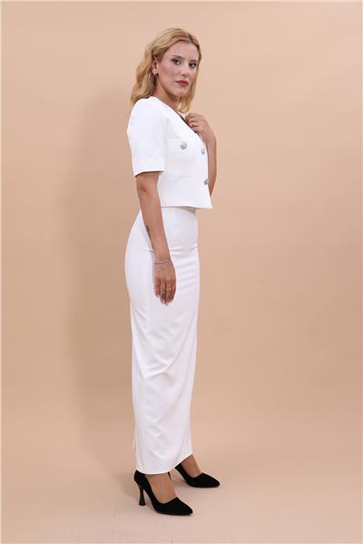 V Yaka  Kısa Ceket & Uzun Düz Dar Etek-Beyaz
