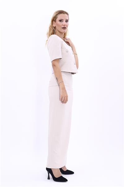 V Yaka  Kısa Ceket & Uzun Düz Dar Etek-Bej